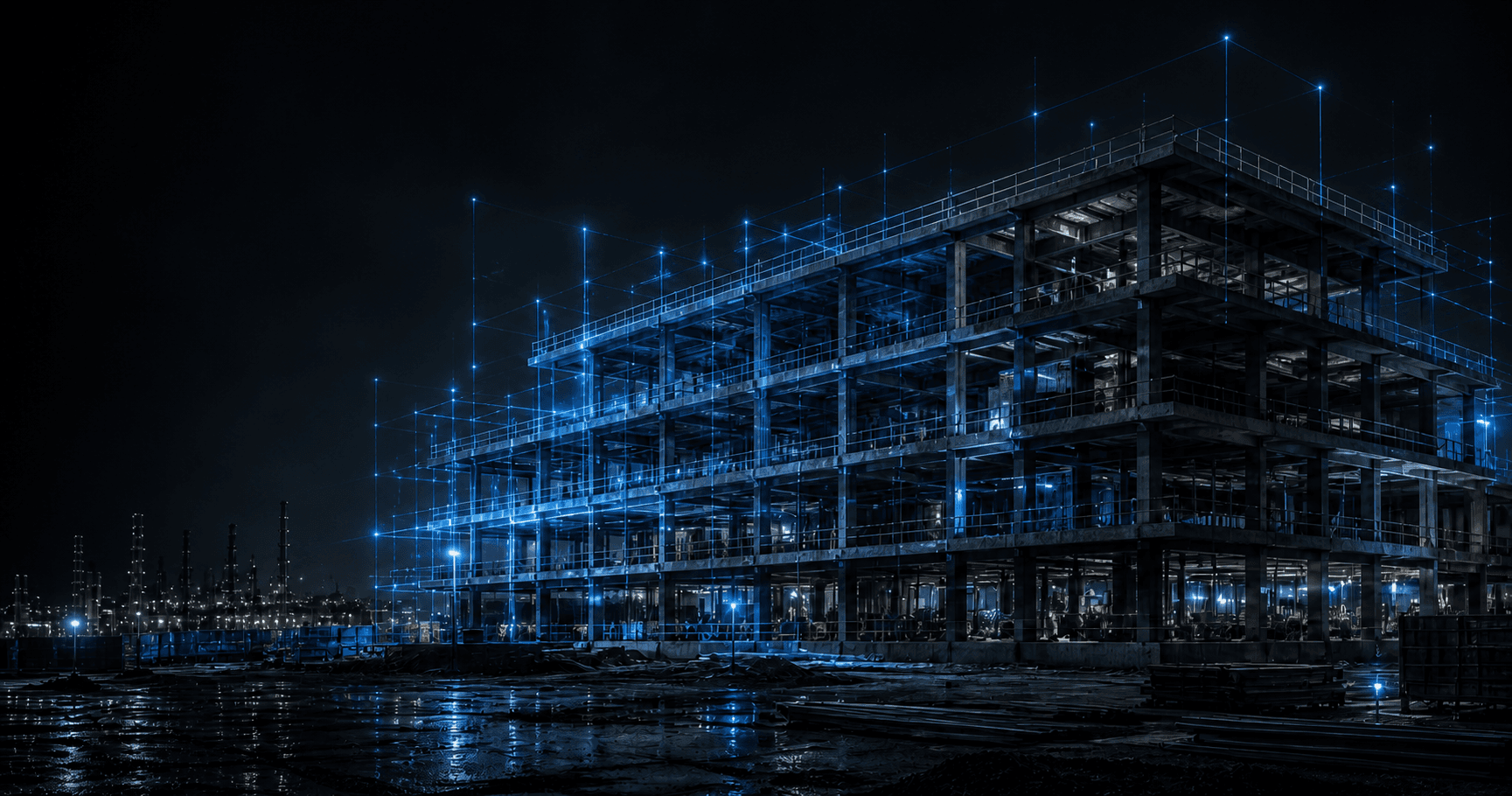 Partially constructed commercial building with blueprint lines and connected project-information points